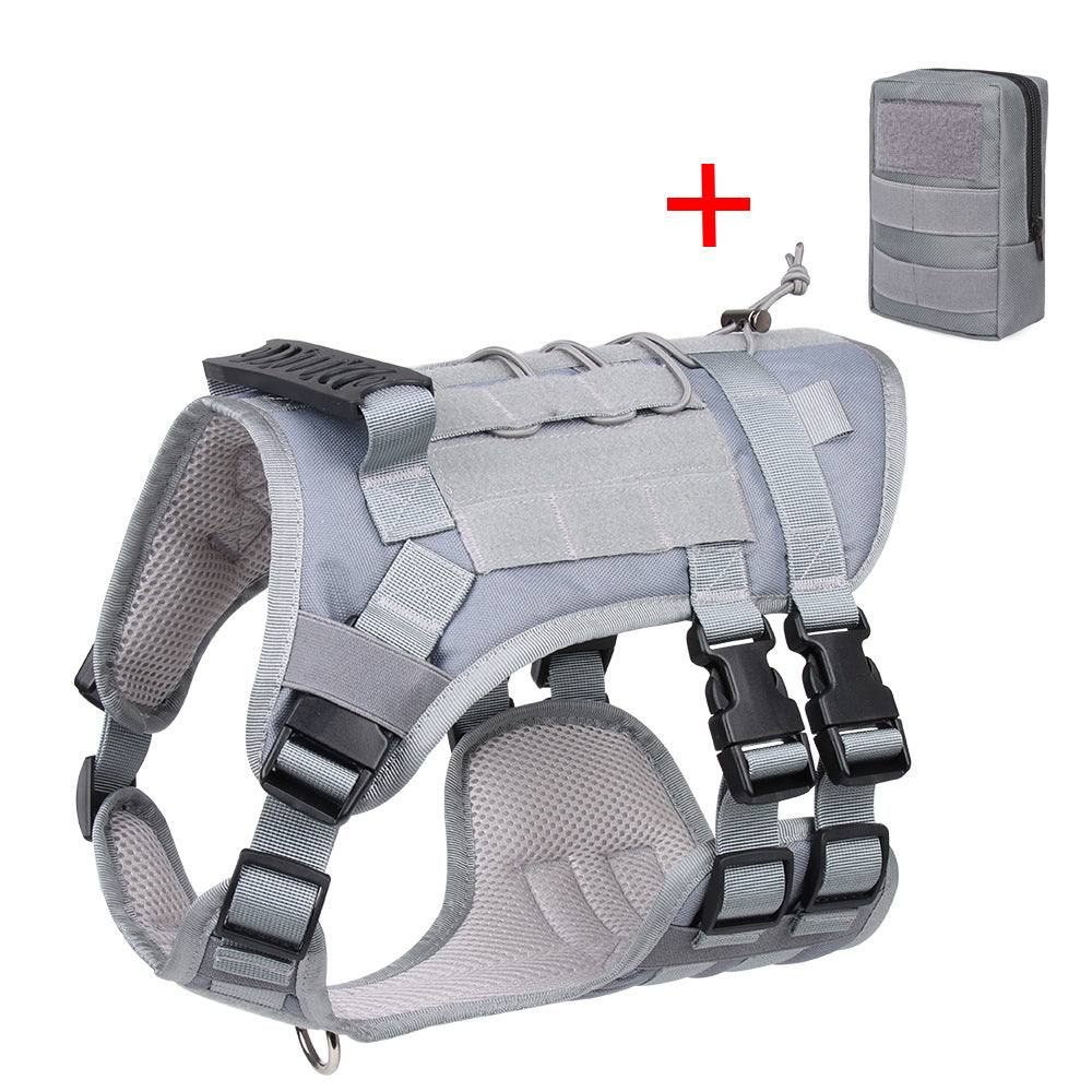 Gray tactical dog vest with black straps and a small gray pouch on a white background