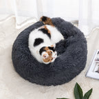 A pet bed in a round shape with a brown color, where a white cat is resting inside.