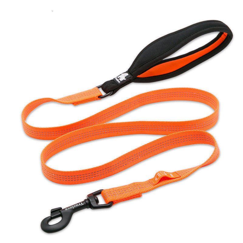 Orange dog leash with black clip on a white background