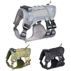 Three tactical dog harnesses in gray, green, and black on a white background