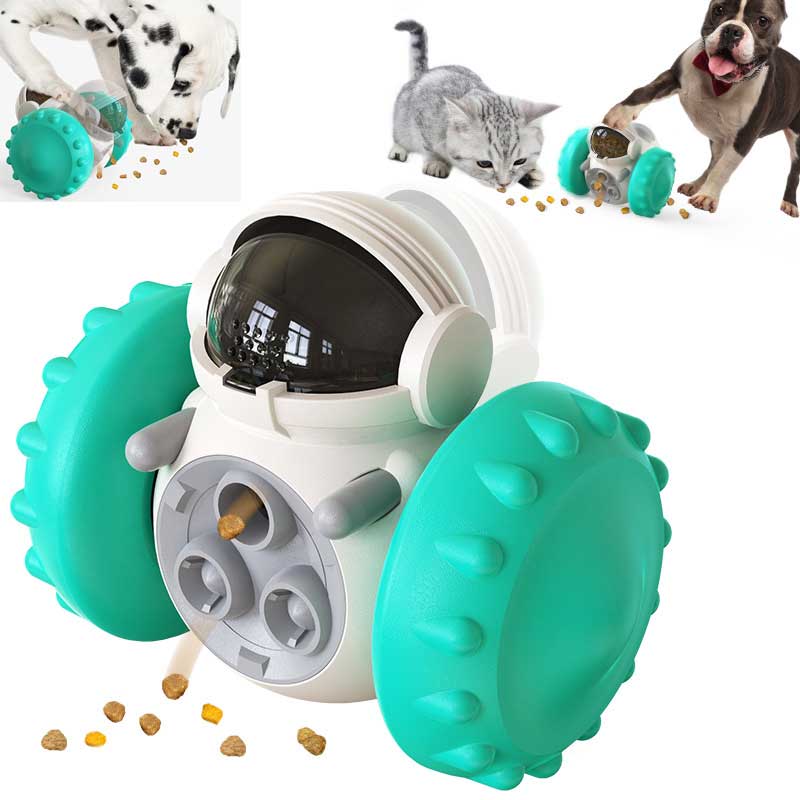 Pet toy with wheels and a camera, surrounded by pets and scattered treats.
