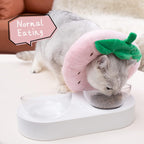 Cat wearing a strawberry-shaped cone collar eating from a bowl on a white surface.