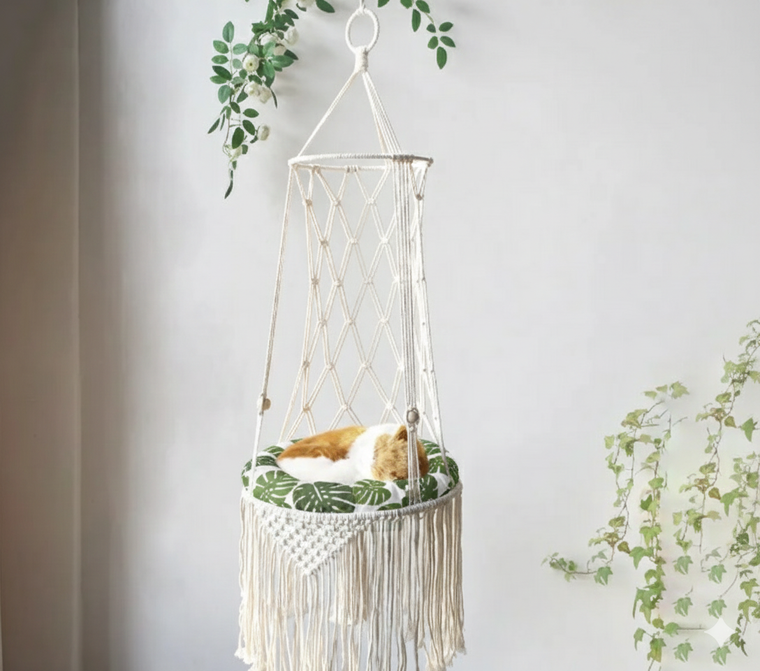 Macrame Hanging Cat Hammock Bed – Boho Wall-Mounted Pet Swing