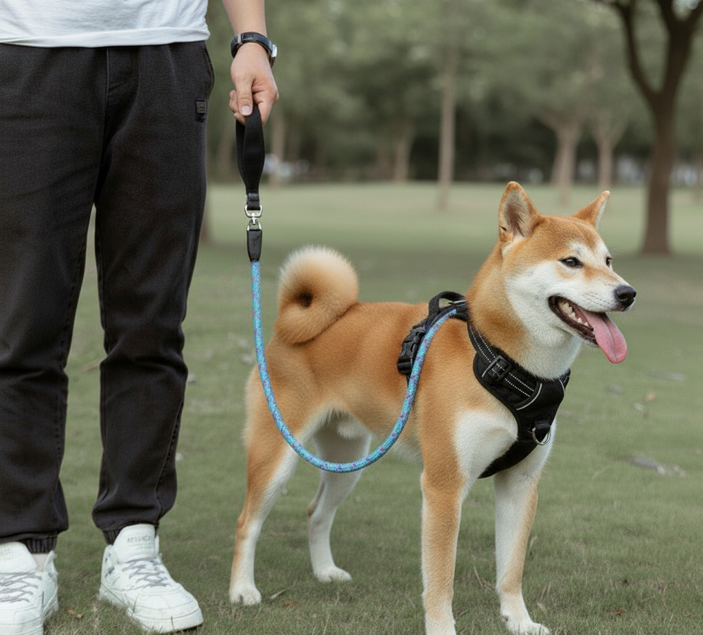 Person walking a Shiba Inu dog on a leash in a park.