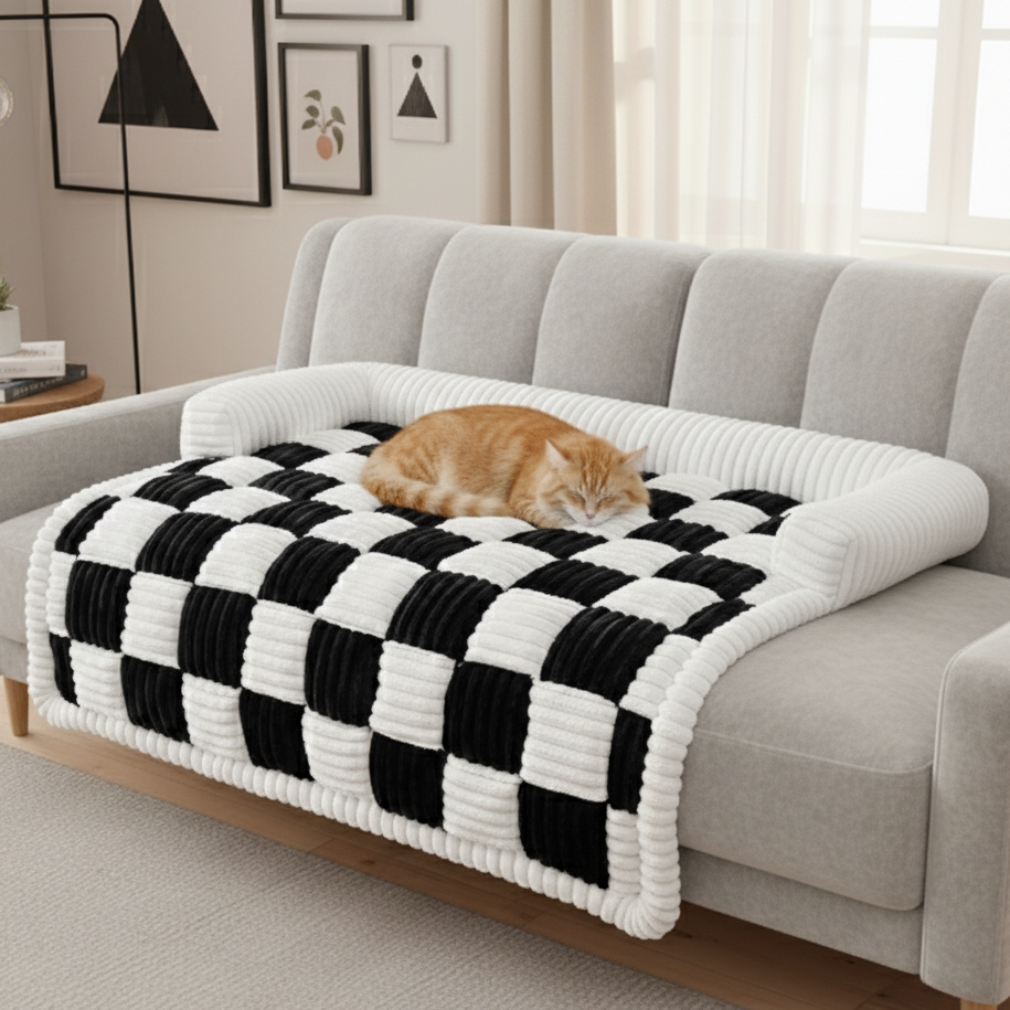 Cat sleeping on a checkered blanket draped over a gray sofa in a living room.