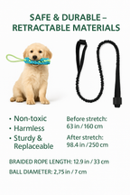 Retractable dog leash with a puppy holding it, labeled as safe and durable.