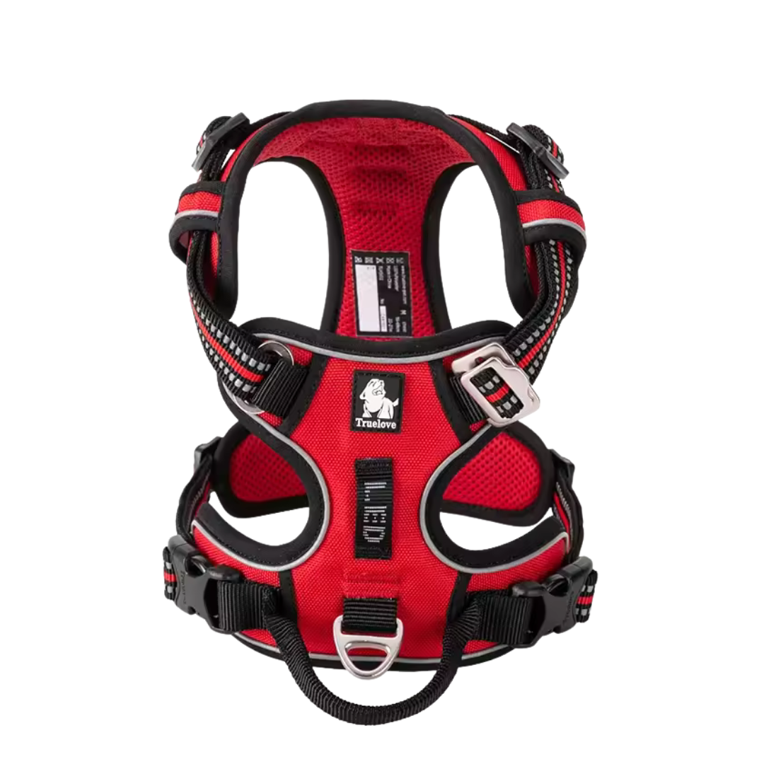 Red dog harness with black straps on a white background