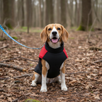Dog wearing a red and black jacket sitting on a leaf-covered ground in a forest.