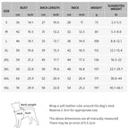 Size chart for dog coats with dimensions in centimeters and inches.