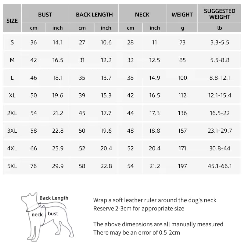 Size chart for dog coats with dimensions in centimeters and inches.
